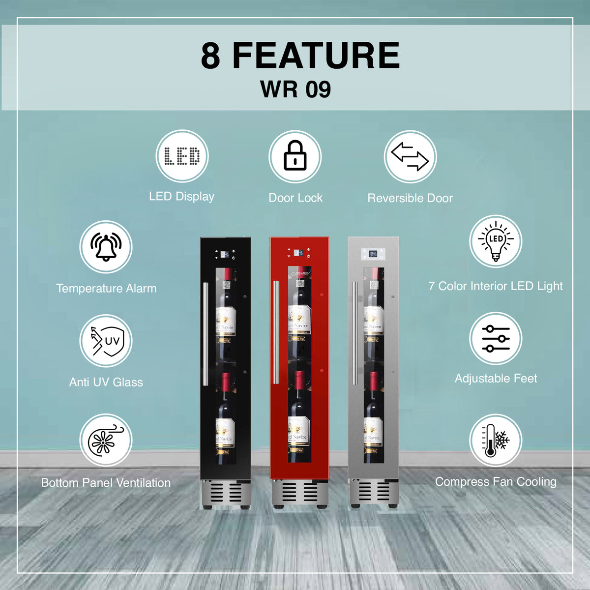 Equator 9 Bottles Wine Refrigerator 1-Zone Freestanding/Builtin 7 Color LED 110V