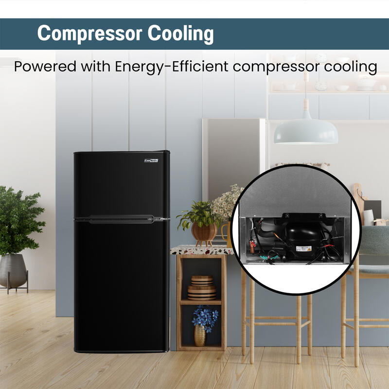 Refrigerador compacto Conserv de 19 pulgadas, color NEGRO, 2 puertas, 4.5 pies cúbicos, puerta reversible, 110V