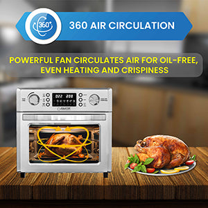 Friteuse à air chaud Equator 5-en-1 pour comptoir + convection + pizza + gril + déshydrateur, acier inoxydable