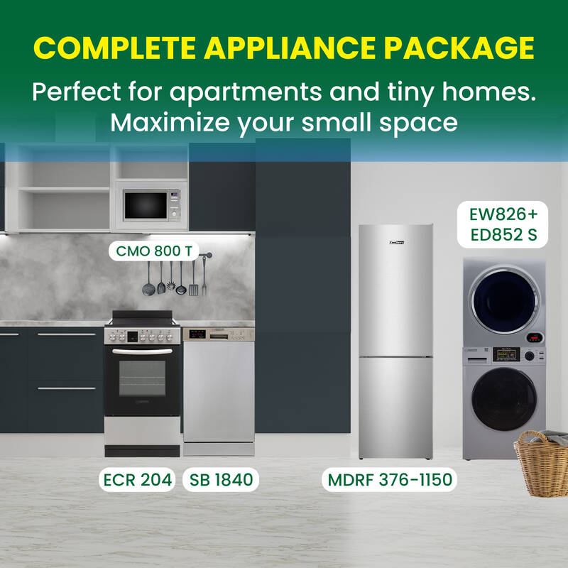 PACK D'APPAREILS ÉLECTROMÉNAGERS COMPACTS POUR MINI-MAISON - Lave-linge + Sèche-linge + Lave-vaisselle + Cuisinière + Réfrigérateur + Micro-ondes