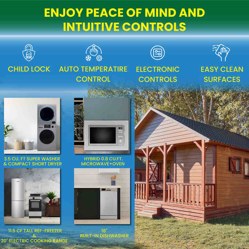 PACK D'APPAREILS ÉLECTROMÉNAGERS COMPACTS POUR MINI-MAISON - Lave-linge + Sèche-linge + Lave-vaisselle + Cuisinière + Réfrigérateur + Micro-ondes
