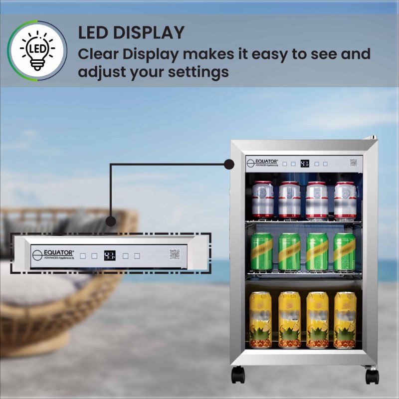 Refrigerador para interiores/exteriores de 2.3 pies cúbicos, clasificación IPX4, acero inoxidable, empotrable/independiente, capacidad para 85 latas, silencioso (42 dB)