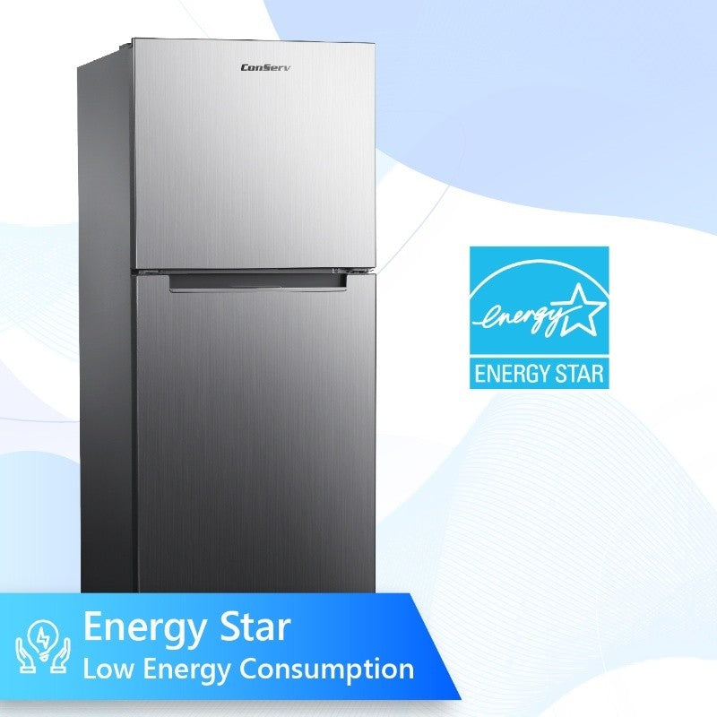 Refrigerador Conserv de 10 pies cúbicos, congelador superior, 24 pulgadas, sin escarcha, Energy Star, silencioso 43dB, 110V, acero inoxidable
