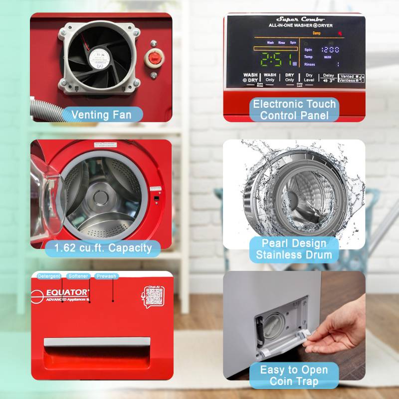 Original All-In-One 4600 Washer Dryer VENTLESS/VENTED PET Cycle 1.62cf/15lbs 110V Red (Renewed)