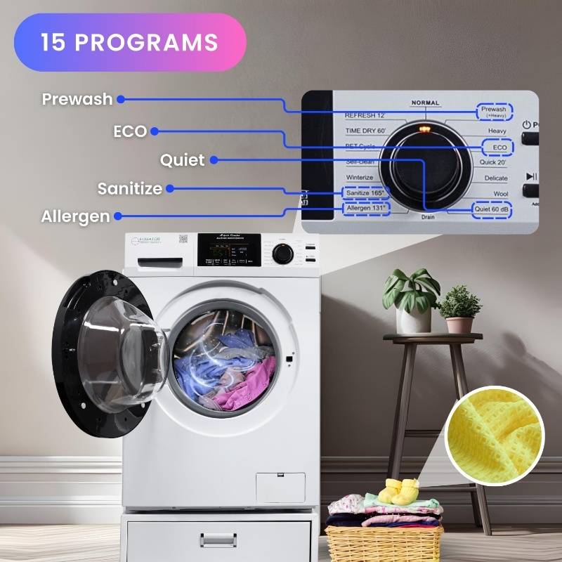 Lavadora secadora todo en uno sin ventilación, TOTALMENTE INTEGRABLE, espacio cero, 1.62 pies cúbicos/15 libras, 110V, 1400 RPM + pedestal