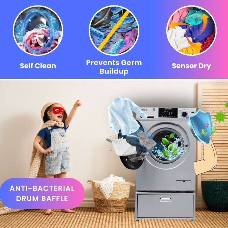Lavadora secadora todo en uno sin ventilación, TOTALMENTE INTEGRABLE, espacio cero, 1.62 pies cúbicos/15 libras, 110V, 1400 RPM + pedestal