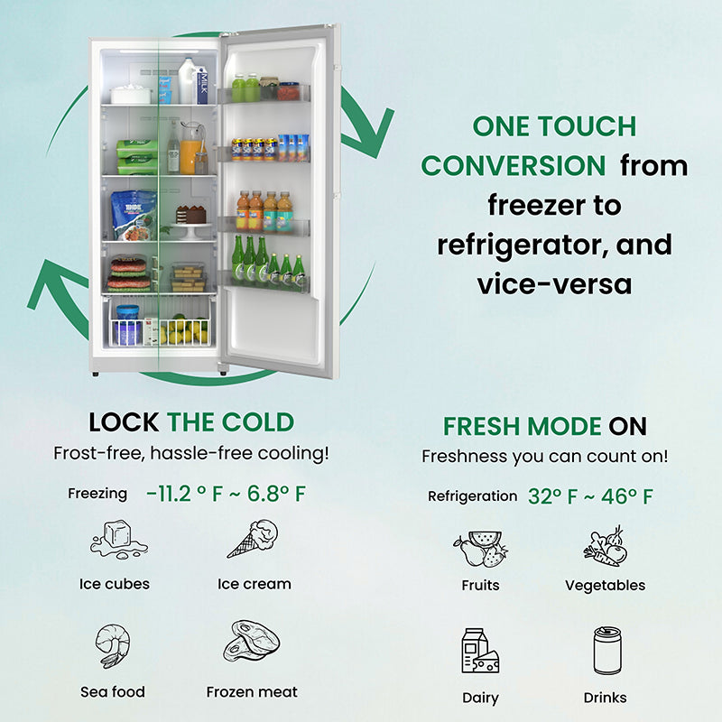 Congelador vertical Conserv de 17 pies cúbicos, CONVERTIBLE A REFRIGERADOR, apto para garaje, certificado Energy Star, 28 pulgadas de ancho, 110 V