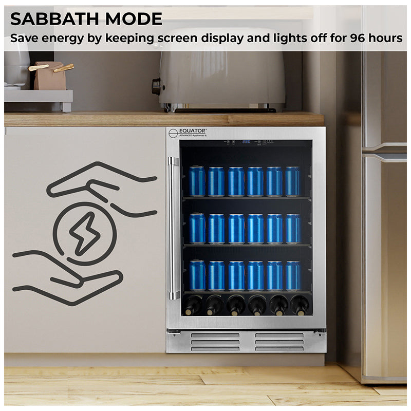 REFRIGERADOR DE BEBIDAS Equator de 24 pulgadas, empotrable/independiente, acero inoxidable, capacidad para 108 latas + 6 botellas, 4.76 pies cúbicos, 110V