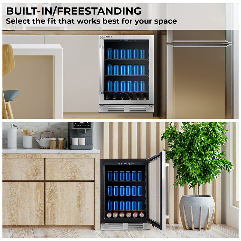 REFRIGERADOR DE BEBIDAS Equator de 24 pulgadas, empotrable/independiente, acero inoxidable, capacidad para 108 latas + 6 botellas, 4.76 pies cúbicos, 110V