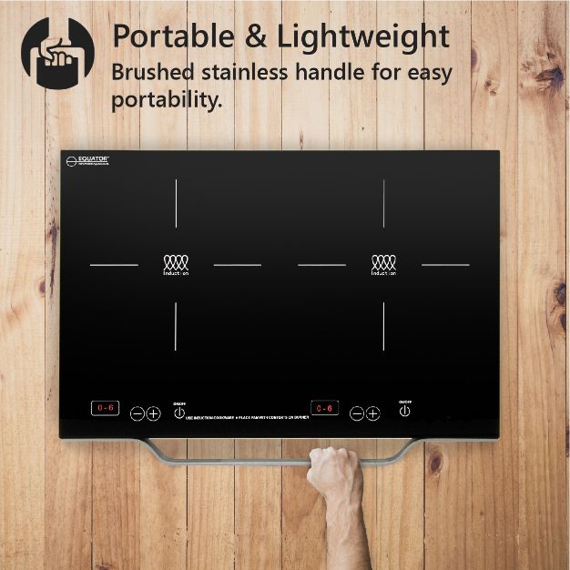 Placa de inducción portátil Equator de 2 quemadores y 21 pulgadas, LIGERA con MANGO DE ALUMINIO, 110 V