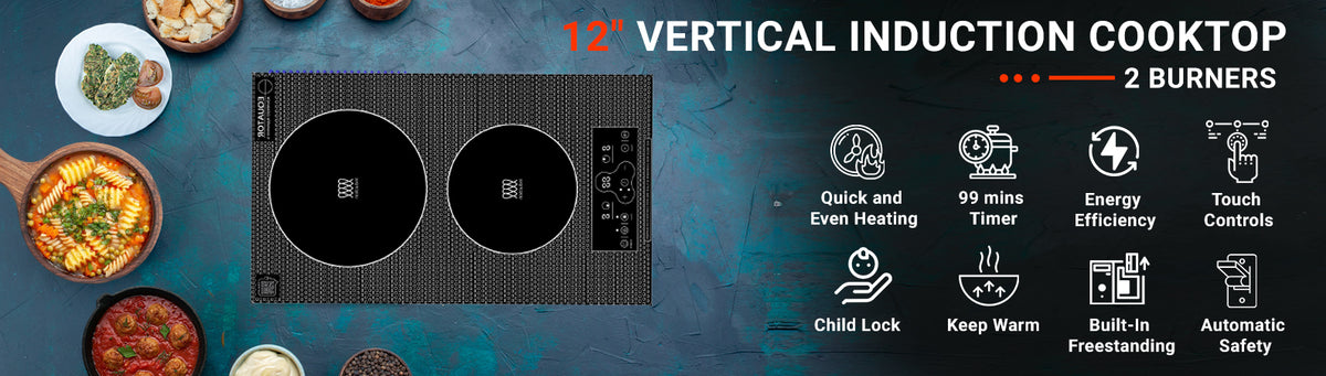 Placa de inducción vertical de 2 hornillas Equator de 12 pulgadas, empotrable/independiente, 110V