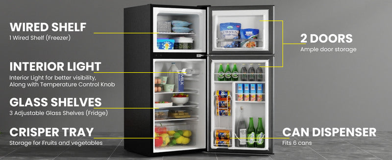 Refrigerador compacto Conserv de 19 pulgadas, color NEGRO, 2 puertas, 4.5 pies cúbicos, puerta reversible, 110V
