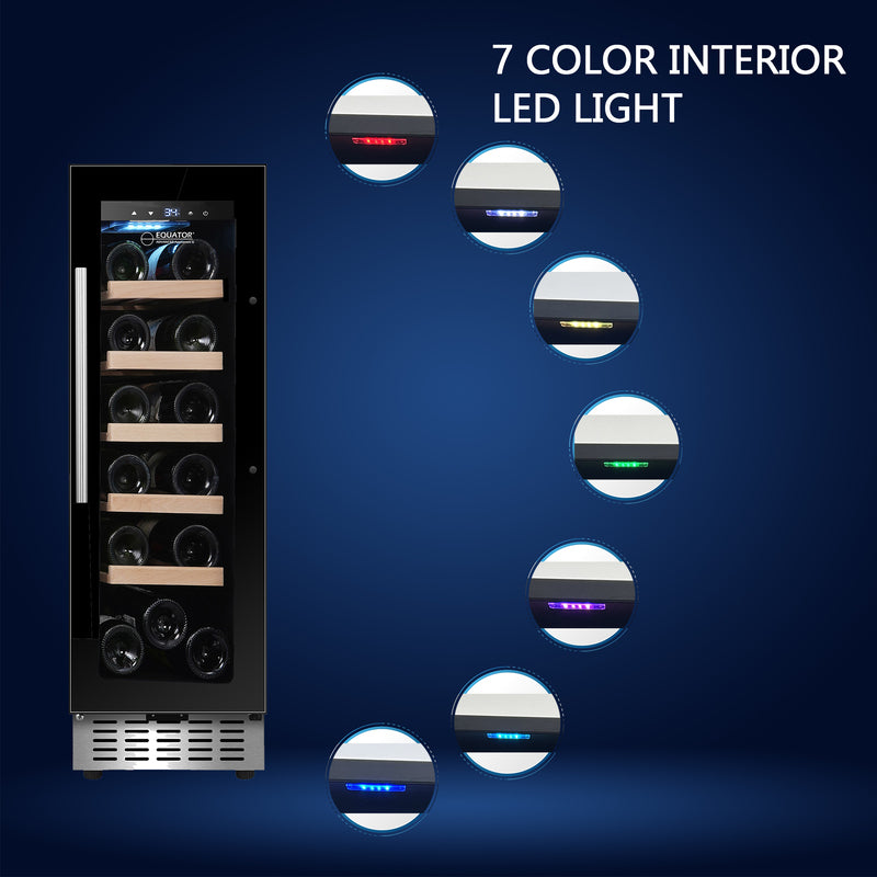 Refrigerador de vinos Equator para 18 botellas, negro, independiente/integrable, LED de 7 colores