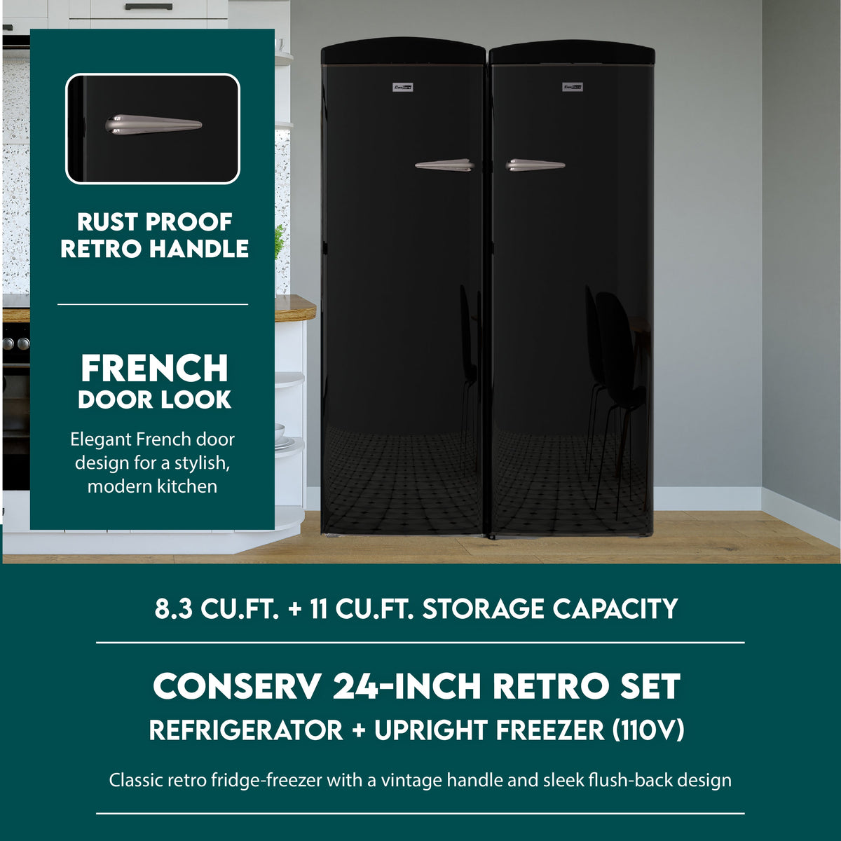 Ensemble réfrigérateur rétro Conserv 24 po 11 pi³ + congélateur vertical 8,3 pi³ 110 V