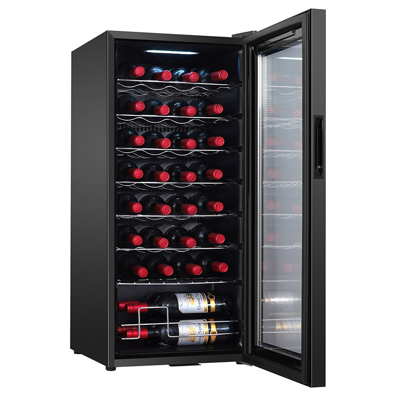 Refrigerador de vinos Equator de 32 botellas, color negro: zona de temperatura única, independiente, enfriamiento por compresor