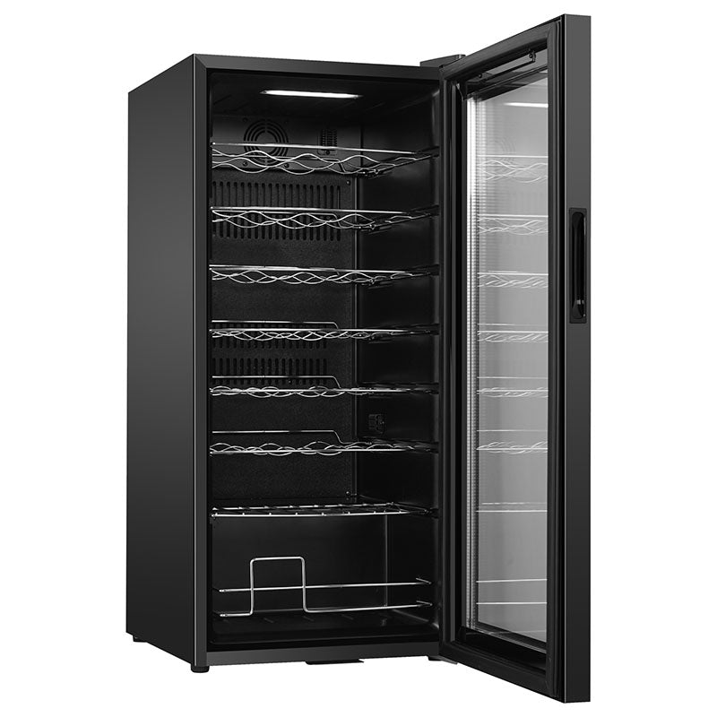Refrigerador de vinos Equator de 32 botellas, color negro: zona de temperatura única, independiente, enfriamiento por compresor