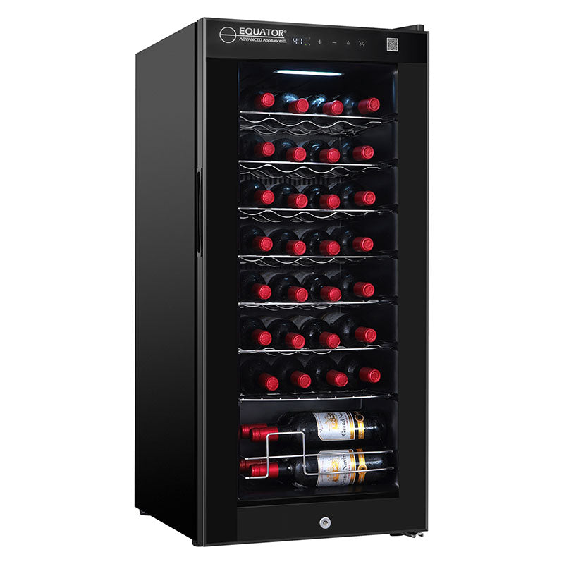 Refrigerador de vinos Equator de 32 botellas, color negro: zona de temperatura única, independiente, enfriamiento por compresor
