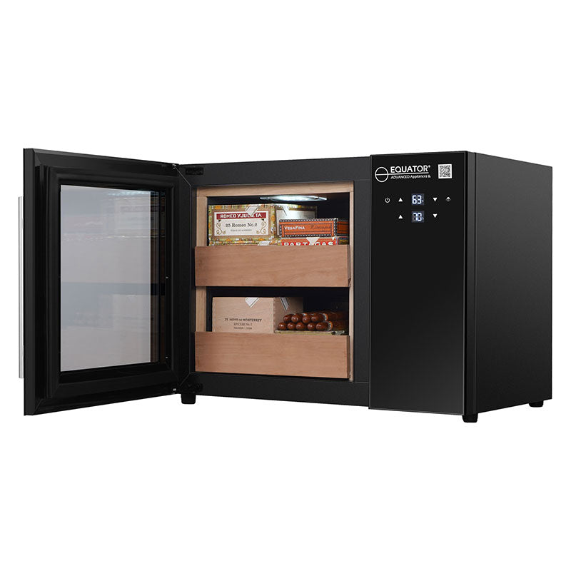 Humidor de cigarros compacto Equator 1.4cf, TEMPERATURA/HUMEDAD, vidrio UV, estantes de cedro, 110V