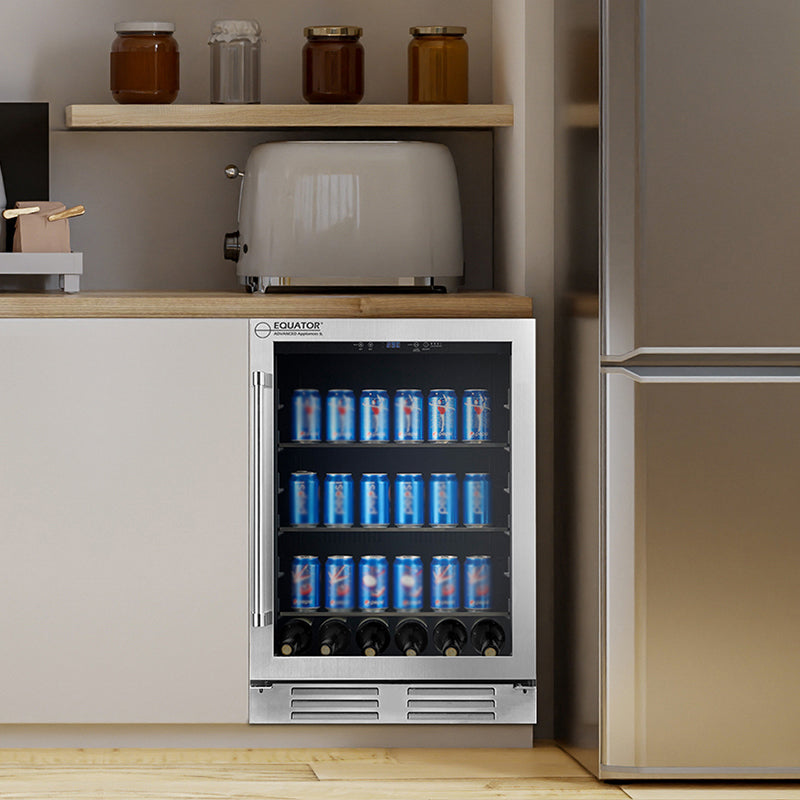 REFRIGERADOR DE BEBIDAS Equator de 24 pulgadas, empotrable/independiente, acero inoxidable, capacidad para 108 latas + 6 botellas, 4.76 pies cúbicos, 110V