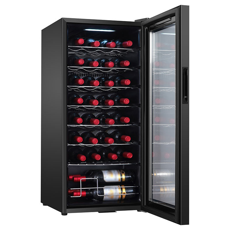 Refrigerador de vinos Equator de 32 botellas, color negro: zona de temperatura única, independiente, enfriamiento por compresor