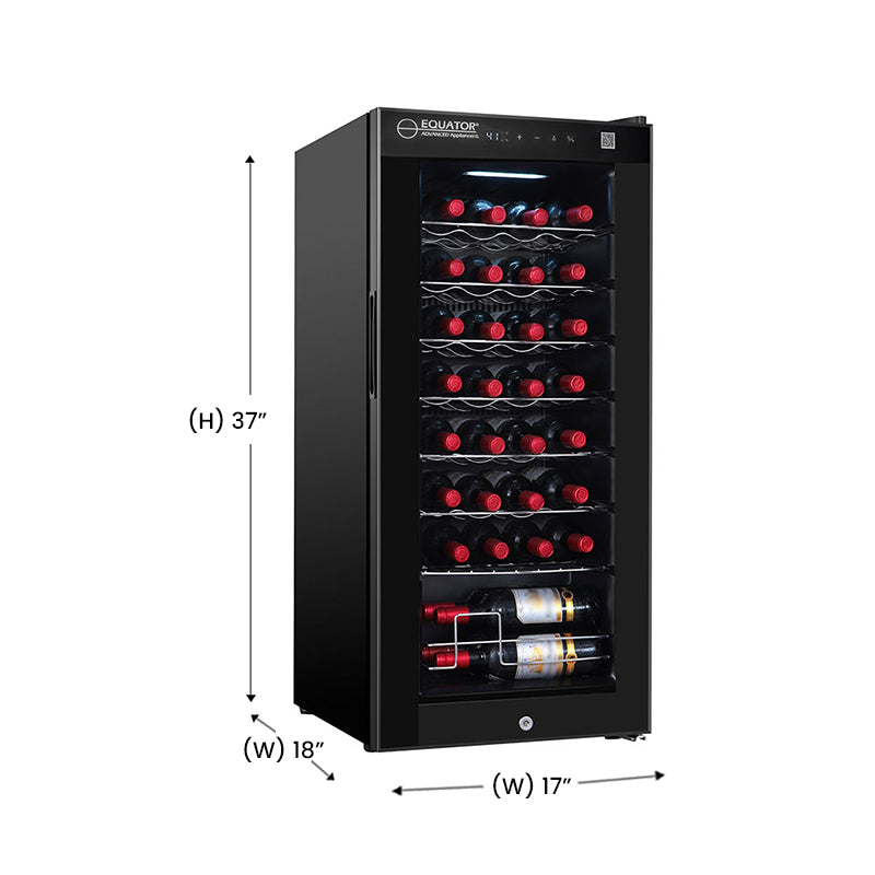 Refrigerador de vinos Equator de 32 botellas, color negro: zona de temperatura única, independiente, enfriamiento por compresor