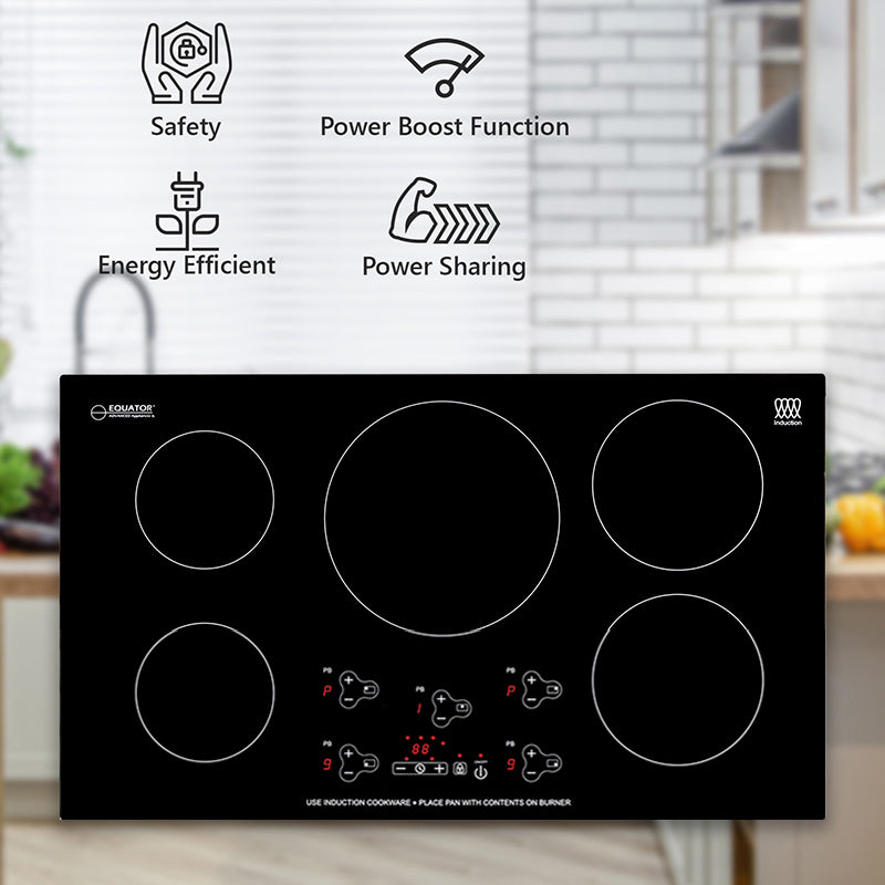 Plaque de cuisson à induction encastrable Equator 36 pouces, 5 foyers, 9 niveaux de puissance, fonction Power Boost, 220 V