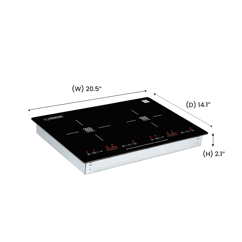 Placa de inducción HORIZONTAL de 2 quemadores de 20 pulgadas Equator, 9 niveles de potencia, empotrable/independiente, 110V