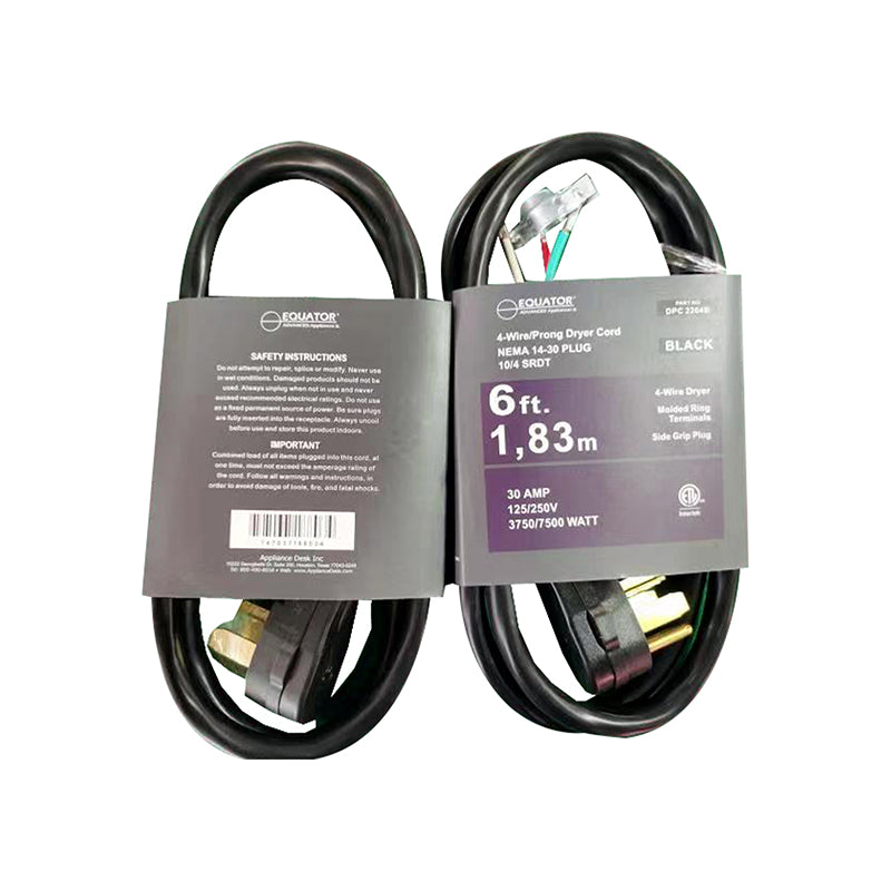 Cable de alimentación para secadora Equator 30A de 6 pies y 4 clavijas, negro