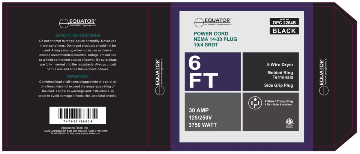 Cable de alimentación para secadora Equator 30A de 6 pies y 4 clavijas, negro