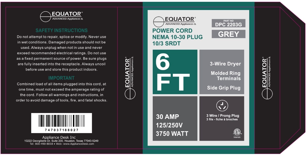 Equator 30A 6 ft 3-Prong Dryer Power Cord Grey