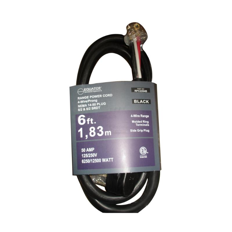 CABLE DE ALIMENTACIÓN PARA ESTUFA, 250V, 50 AMPERIOS, 4 HILOS CON ENCHUFE DE AGARRE LATERAL, 6 PIES, NEGRO