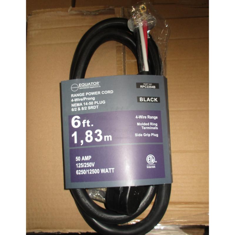 CABLE DE ALIMENTACIÓN PARA ESTUFA, 250V, 50 AMPERIOS, 4 HILOS CON ENCHUFE DE AGARRE LATERAL, 6 PIES, NEGRO