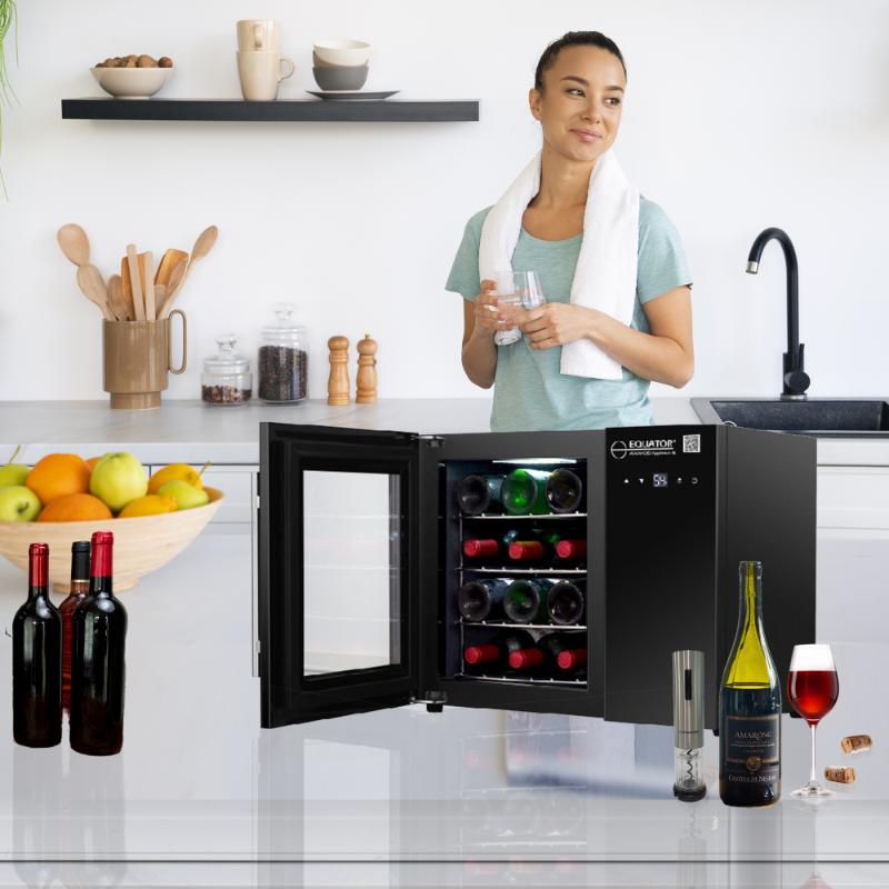 Refrigerador de vino de encimera para 12 botellas, color negro, control táctil, 110 V, con abridor de botellas de vino