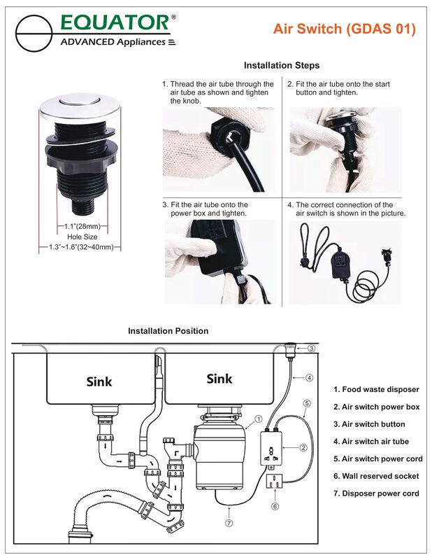 INTERRUPTOR NEUMÁTICO para triturador de basura, OPERACIÓN EN ENCIMERA, 110V 12A