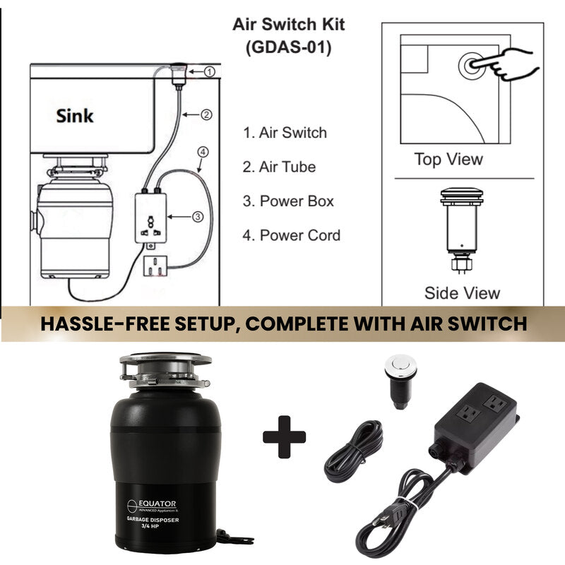 Triturador de basura 3/4 HP ULTRA SILENCIOSO + Interruptor de aire para encimera, 110 V
