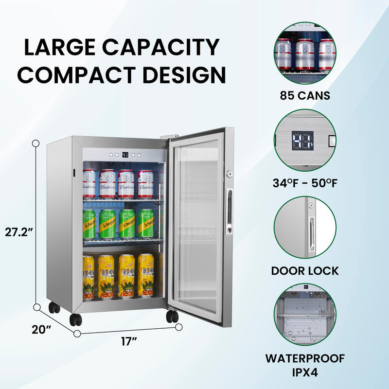 Refrigerador para interiores/exteriores de 2.3 pies cúbicos, clasificación IPX4, acero inoxidable, empotrable/independiente, capacidad para 85 latas, silencioso (42 dB)