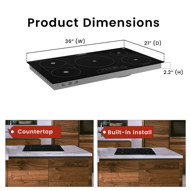 Table de cuisson électrique hybride CÉRAMIQUE-INDUCTION 5 foyers de 36 pouces 220V Equator