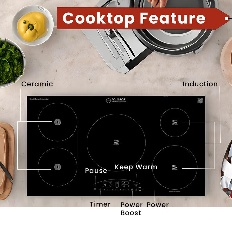 Table de cuisson électrique hybride CÉRAMIQUE-INDUCTION 5 foyers de 36 pouces 220V Equator