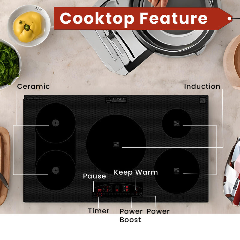 Equator Design 36 inch Electric Hybrid CERAMIC-INDUCTION 5 Burner Cooktop 220V