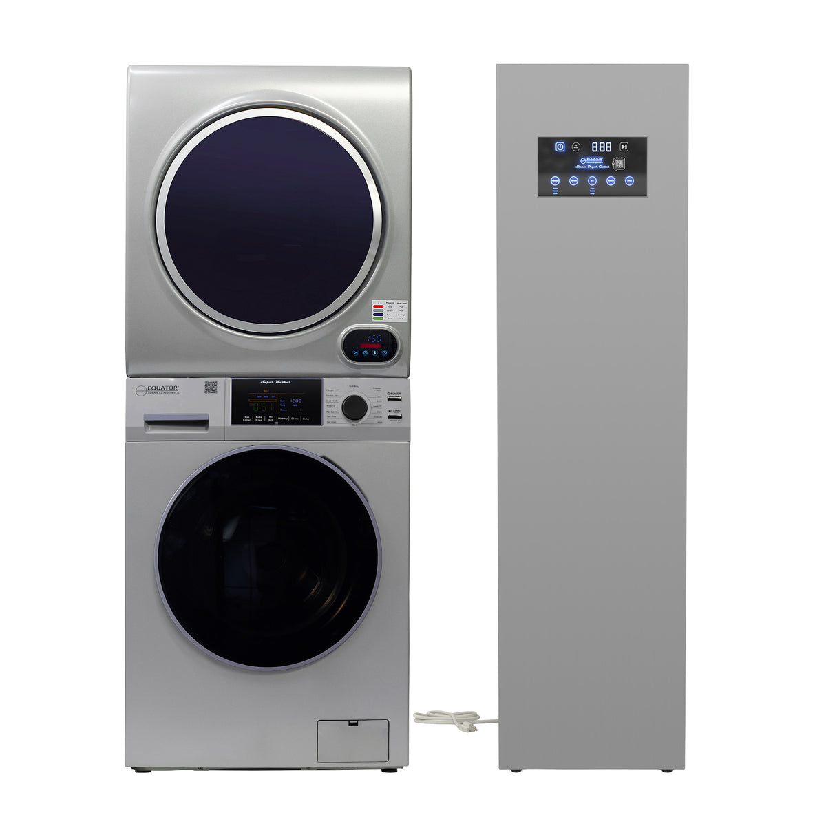 CENTRE DE BUANDERIE Argent LAVEUSE 15 livres + SÉCHEUSE à évacuation + SÉCHEUSE à vapeur avec penderie 110V