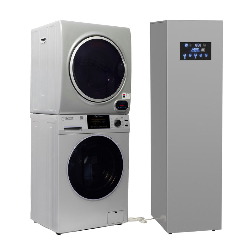CENTRE DE BUANDERIE Argent LAVEUSE 15 livres + SÉCHEUSE à évacuation + SÉCHEUSE à vapeur avec penderie 110V