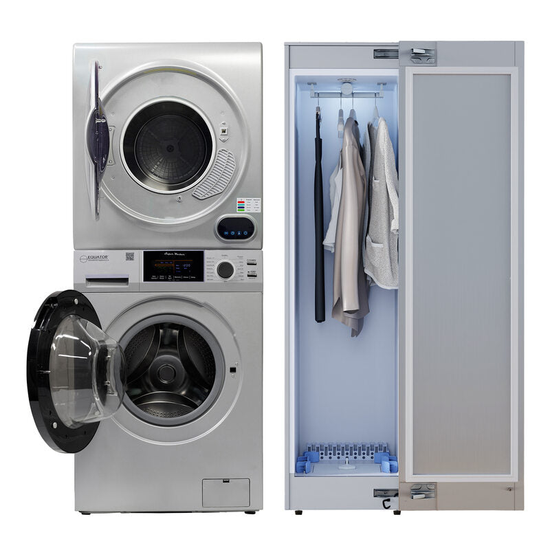 CENTRE DE BUANDERIE Argent LAVEUSE 15 livres + SÉCHEUSE à évacuation + SÉCHEUSE à vapeur avec penderie 110V