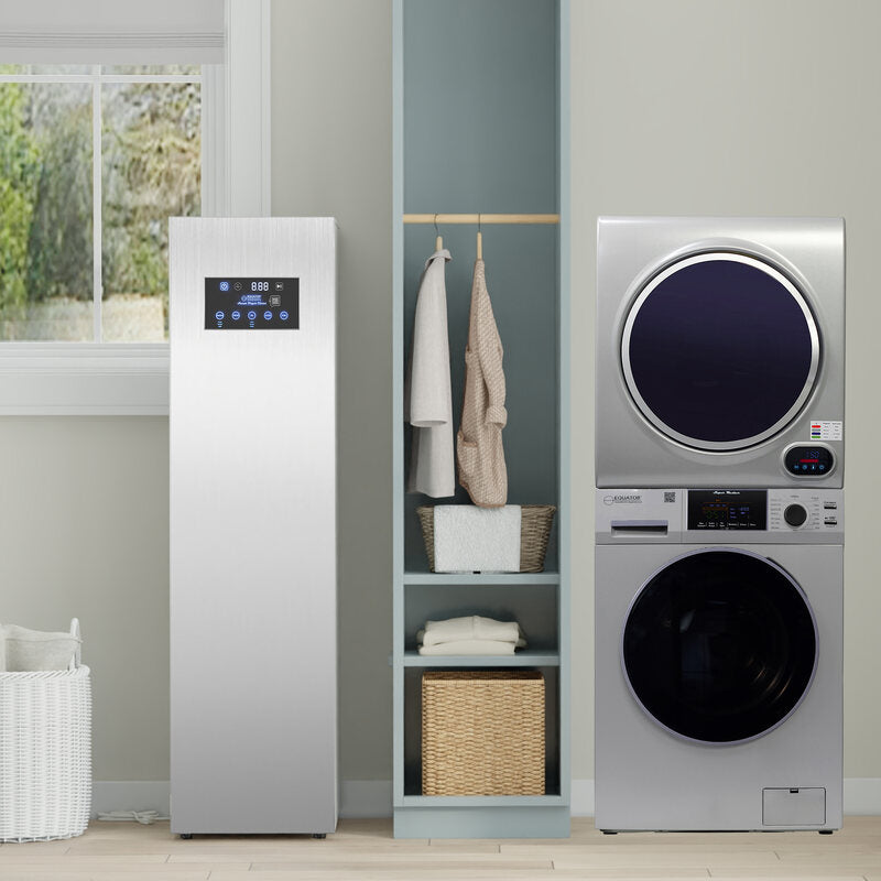 CENTRE DE BUANDERIE Argent LAVEUSE 15 livres + SÉCHEUSE à évacuation + SÉCHEUSE à vapeur avec penderie 110V