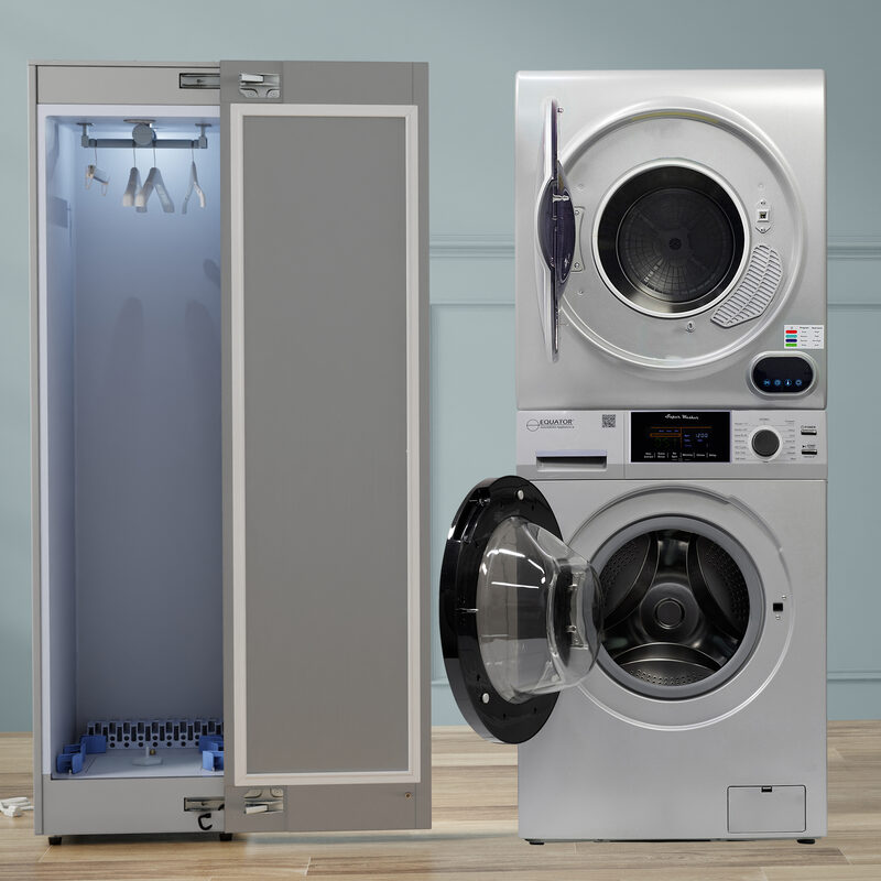 CENTRE DE BUANDERIE Argent LAVEUSE 15 livres + SÉCHEUSE à évacuation + SÉCHEUSE à vapeur avec penderie 110V