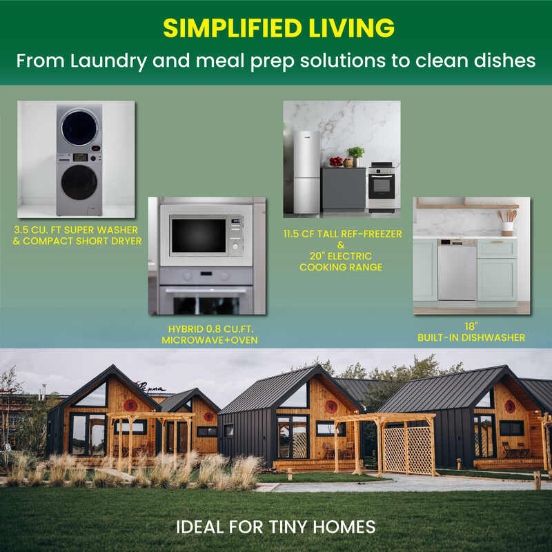PACK D'APPAREILS ÉLECTROMÉNAGERS COMPACTS POUR MINI-MAISON - Lave-linge + Sèche-linge + Lave-vaisselle + Cuisinière + Réfrigérateur + Micro-ondes
