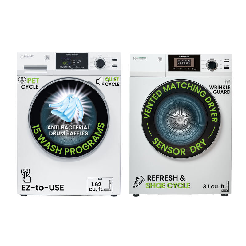 Set de lavandería 110V UN TOMACORRIENTE Lavadora 15 lb 1.62 pc + Secadora ventilada 13 lb 3.1 pc