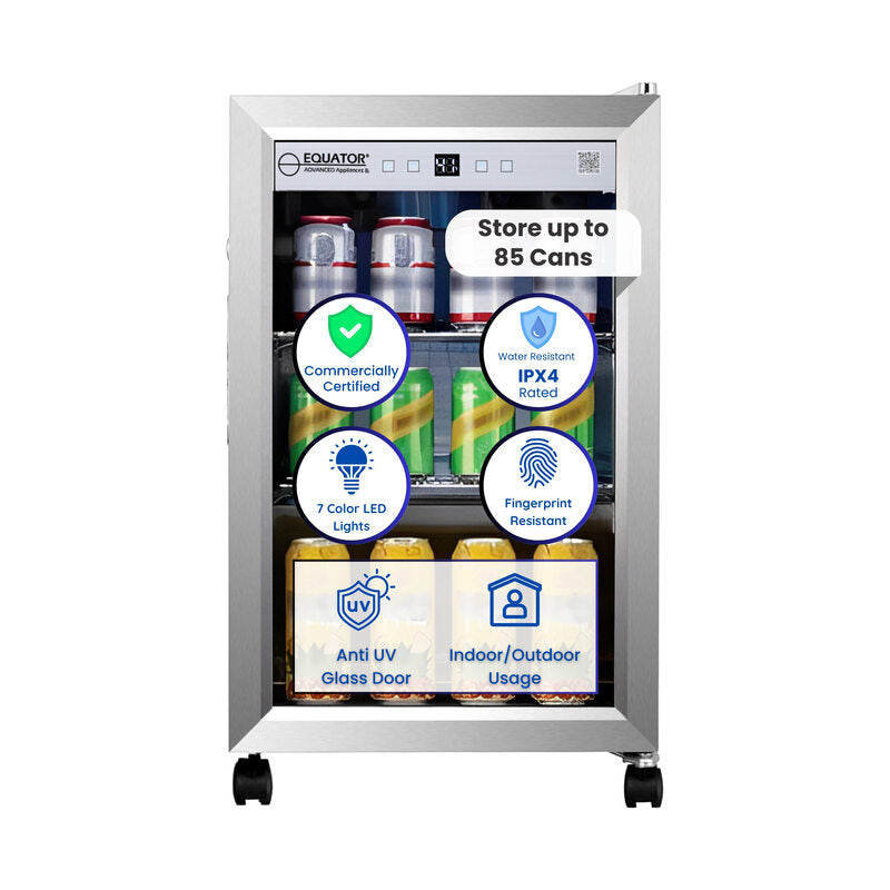 Refrigerador para interiores/exteriores de 2.3 pies cúbicos, clasificación IPX4, acero inoxidable, empotrable/independiente, capacidad para 85 latas, silencioso (42 dB)