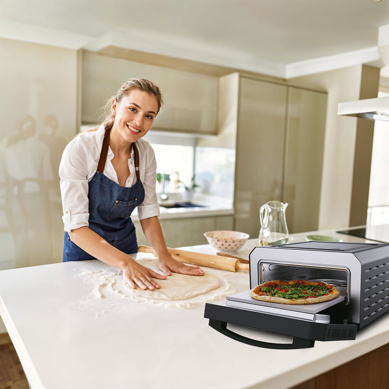Horno para pizza Equator de 0.5 pies cúbicos para interiores/exteriores con piedra para hornear auténtica – Cocina pizzas de 12 pulgadas, 6 modos preestablecidos, ajustes personalizados y juego de accesorios para un verdadero sabor a pizzería en casa