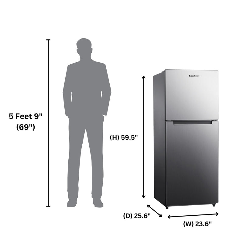 Refrigerador Conserv de 10 pies cúbicos, congelador superior, 24 pulgadas, sin escarcha, Energy Star, silencioso 43dB, 110V, acero inoxidable