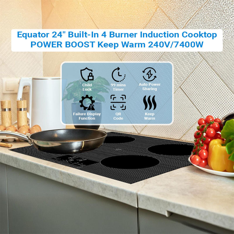Table de cuisson à induction encastrable Equator de 24 pouces, 4 foyers, fonction Power Boost, maintien au chaud, 240V, 7400W